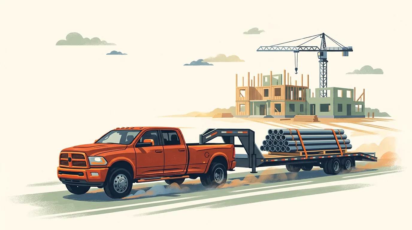 Una camioneta jalando una plataforma gooseneck con una sola carga amarrada, el esquema del hotshot trucking