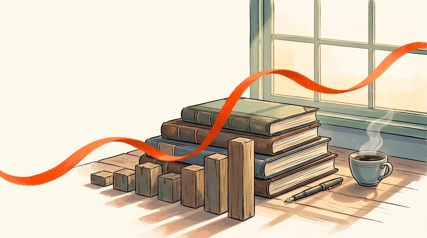 Libros contables apilados en escalones ascendentes junto a bloques que suben, como proyecciones financieras a varios años