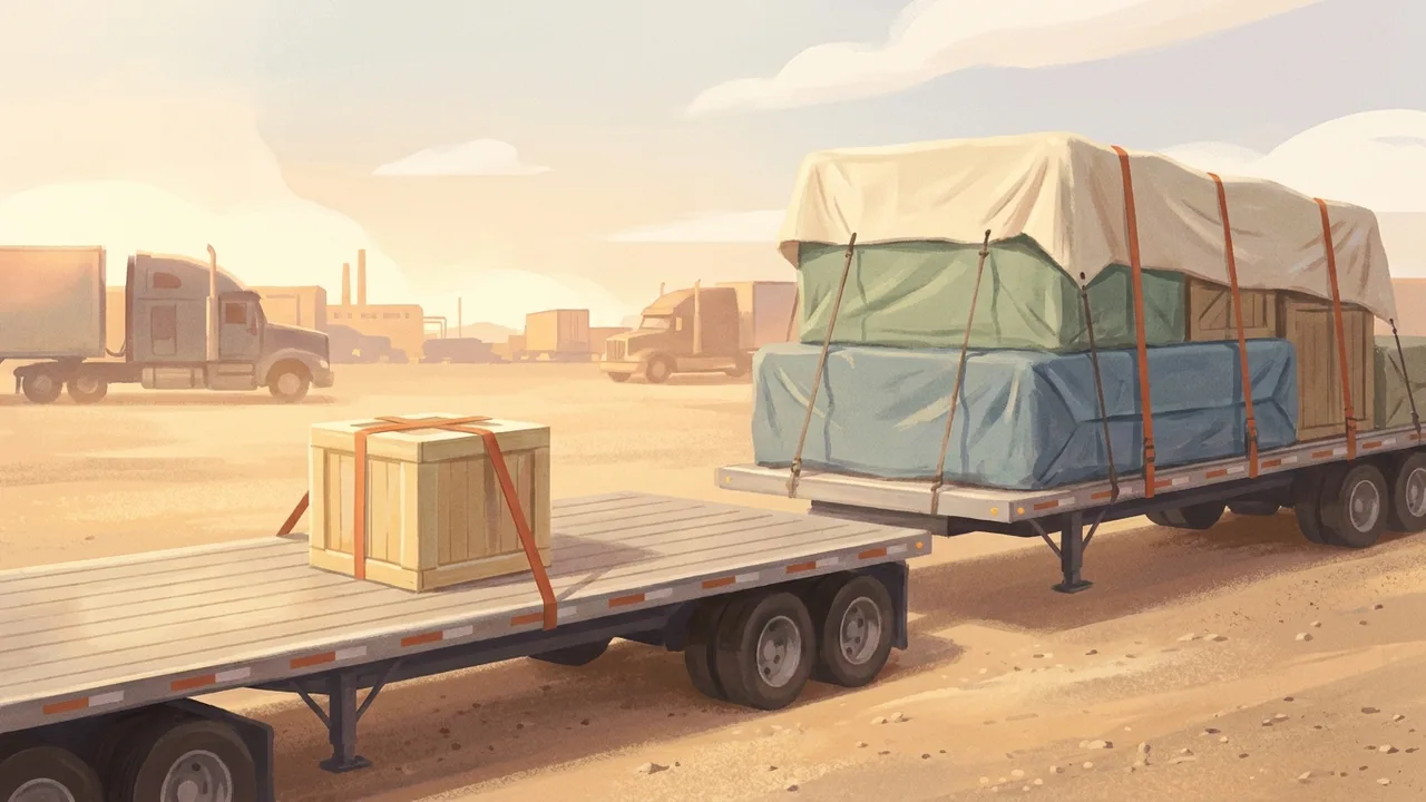 Ilustración de una sola caja pequeña en una plataforma vacía junto a un remolque lleno en un patio al atardecer