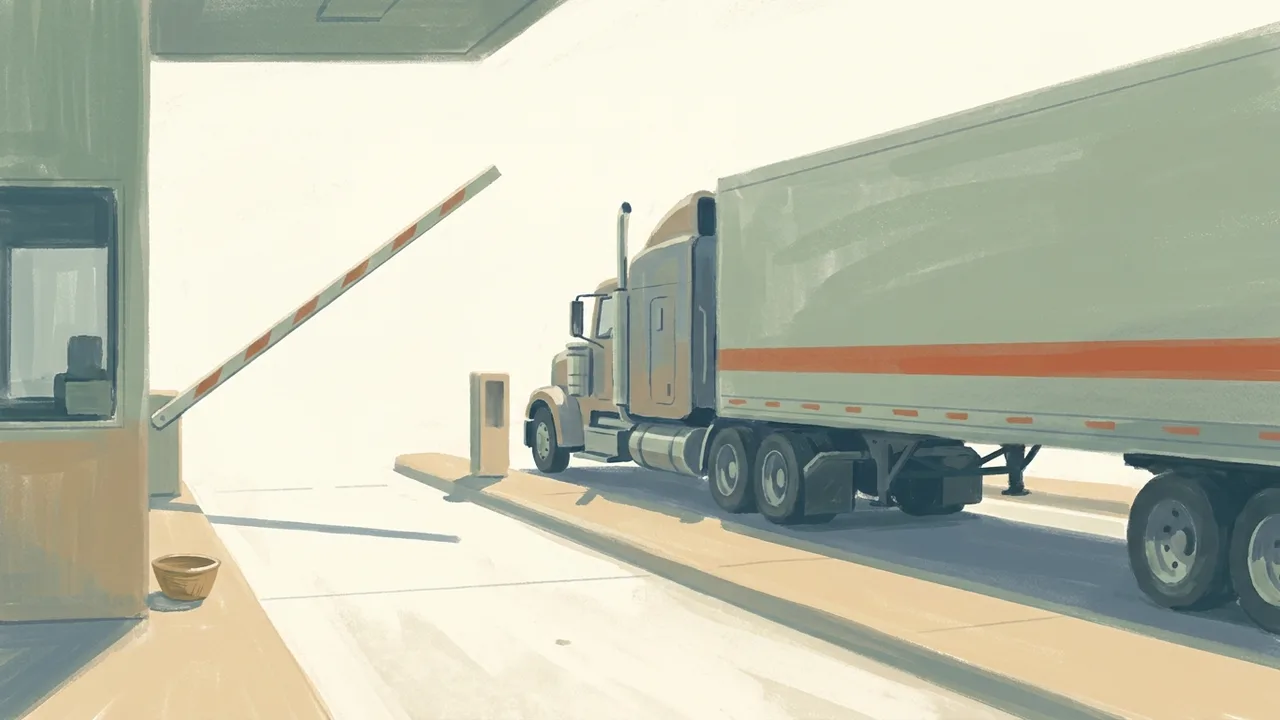 Ilustración de la pluma de una caseta levantada sobre un carril vacío mientras un camión pasa a mediodía