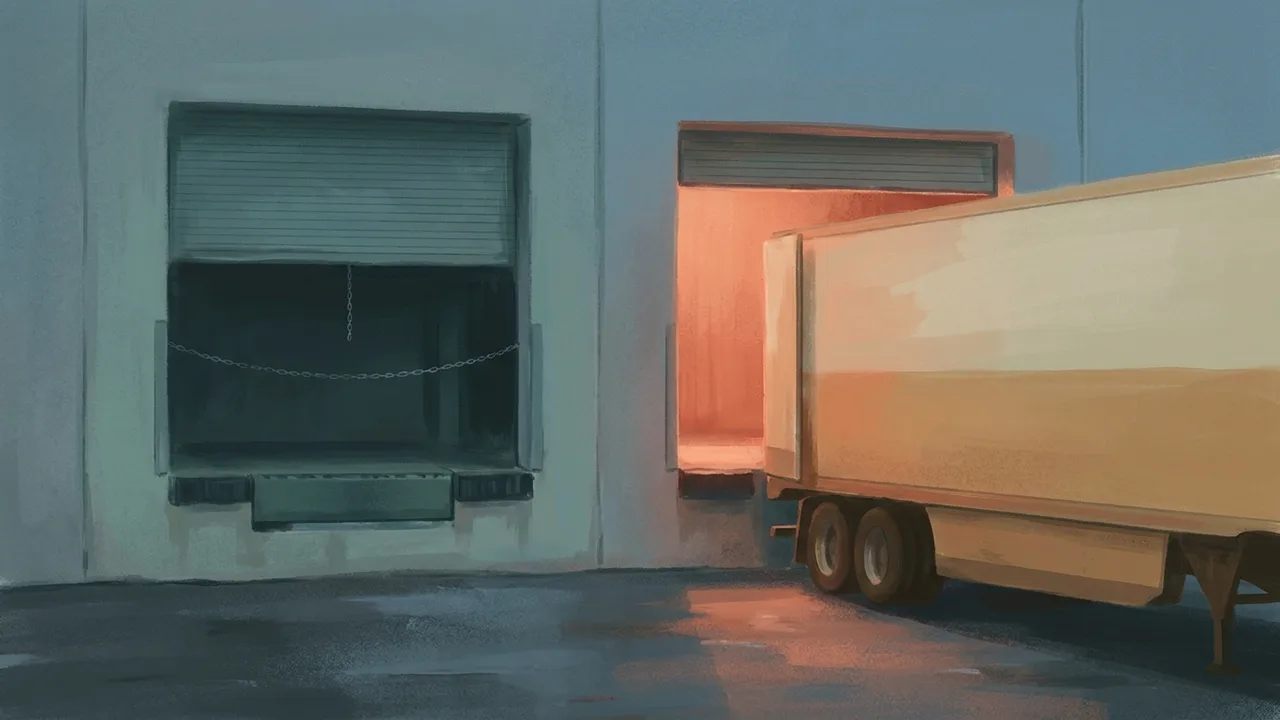 Ilustración de dos andenes de carga al anochecer, uno cerrado y oscuro y otro abierto con un remolque adentro