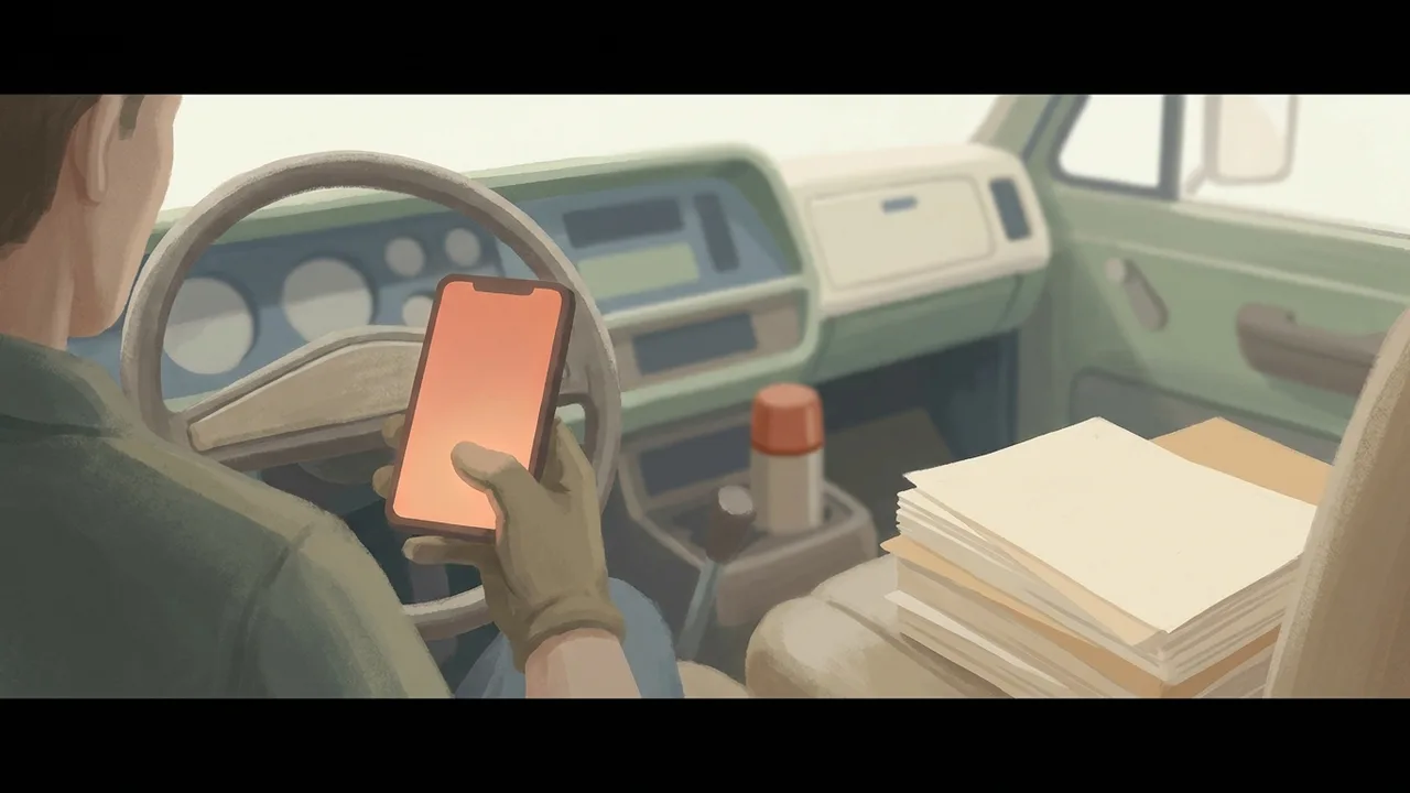 Ilustración de un pulgar oprimiendo la pantalla de un teléfono sobre el volante, con papeles sin tocar en el asiento