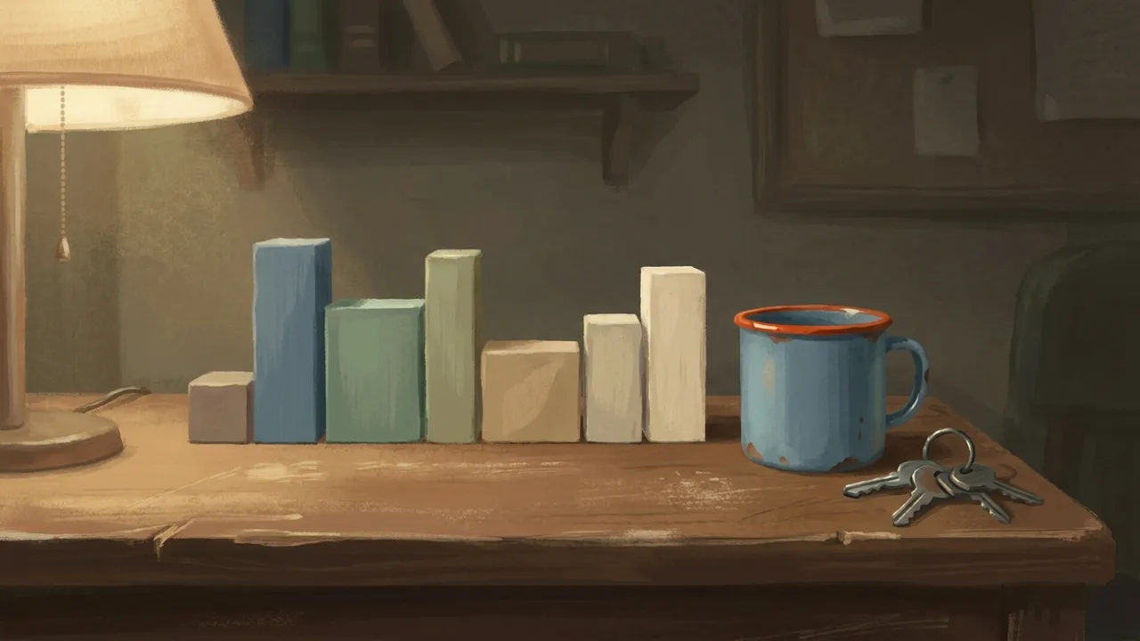 Ilustración de bloques de colores de distintas alturas sobre el escritorio de un dispatcher, junto a una taza y unas llaves