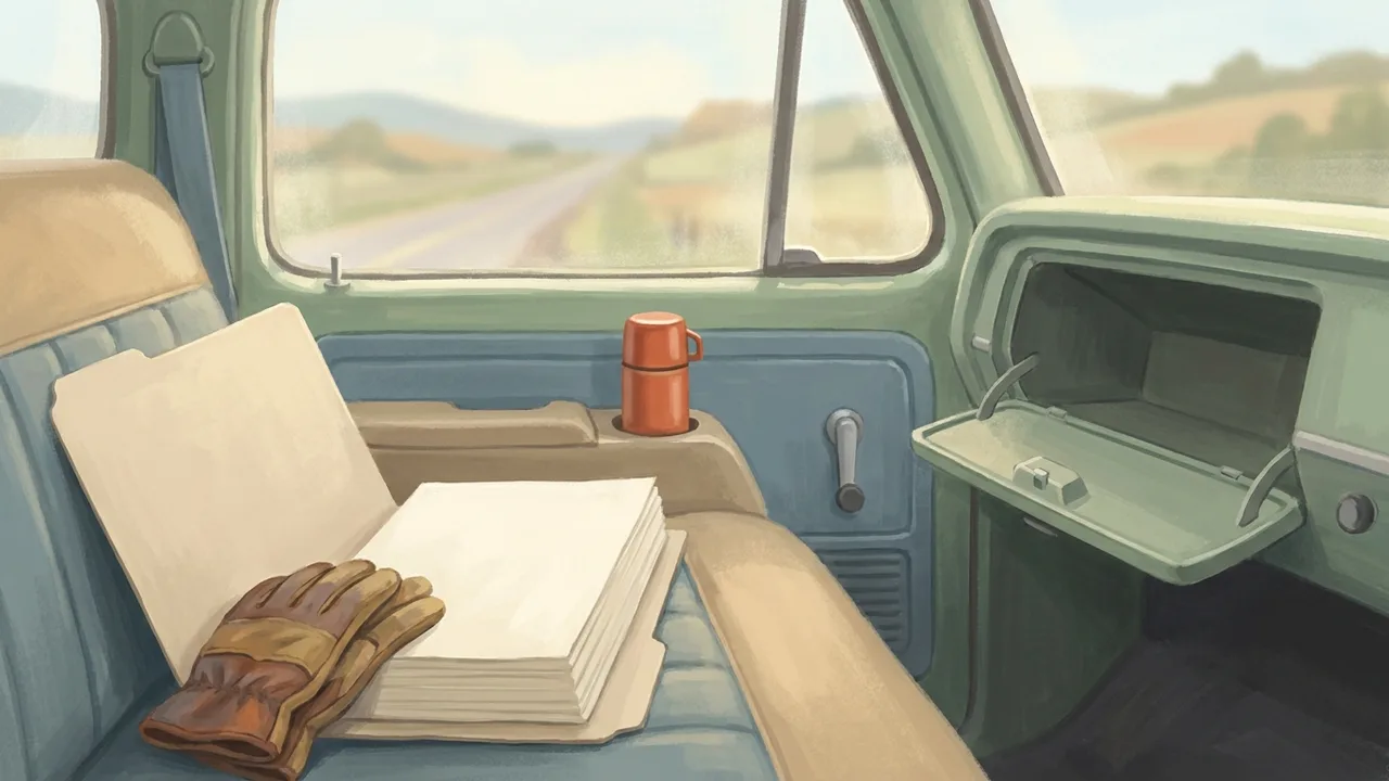 Ilustración de una guantera abierta en la cabina de una troca, con una carpeta de papeles acomodada en el asiento