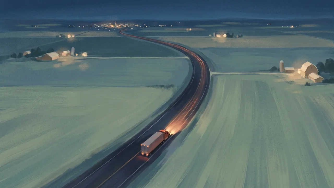 Ilustración de un paisaje nocturno visto desde muy arriba, con las luces de una troca trazando una línea sobre la carretera