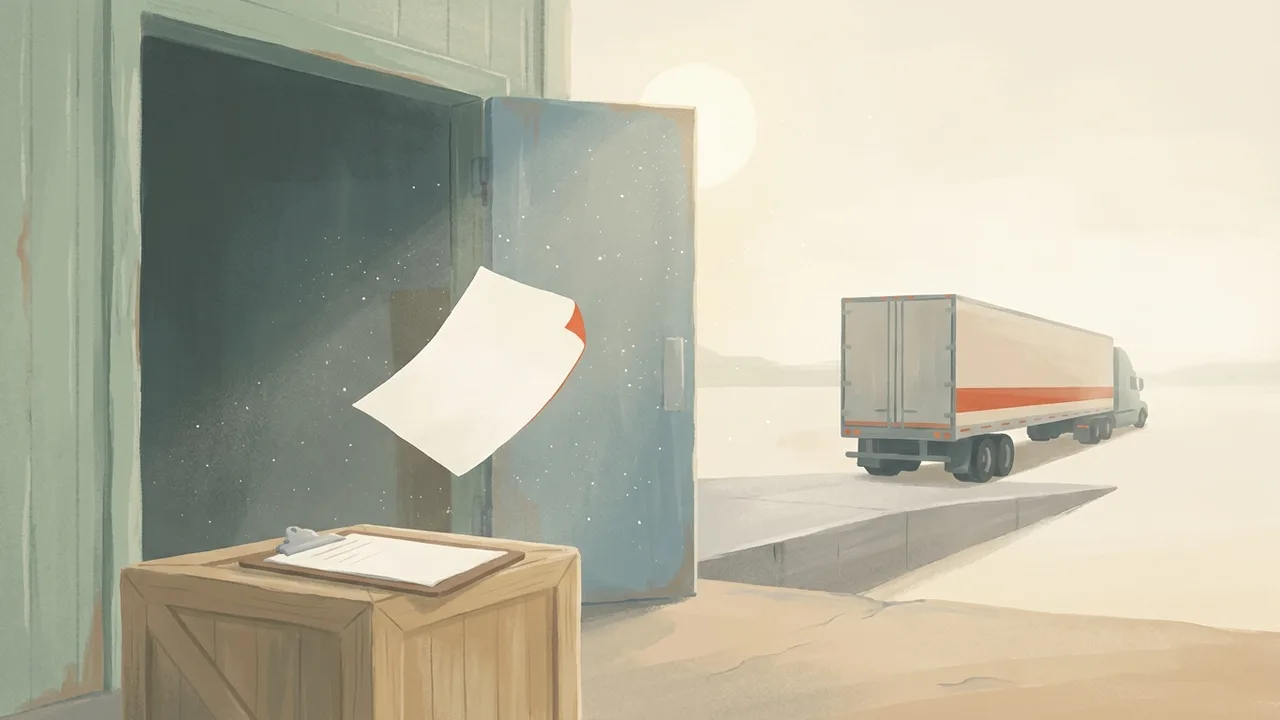 Ilustración de una hoja que se levanta de una tablilla en la puerta del andén mientras un trailer cargado se va