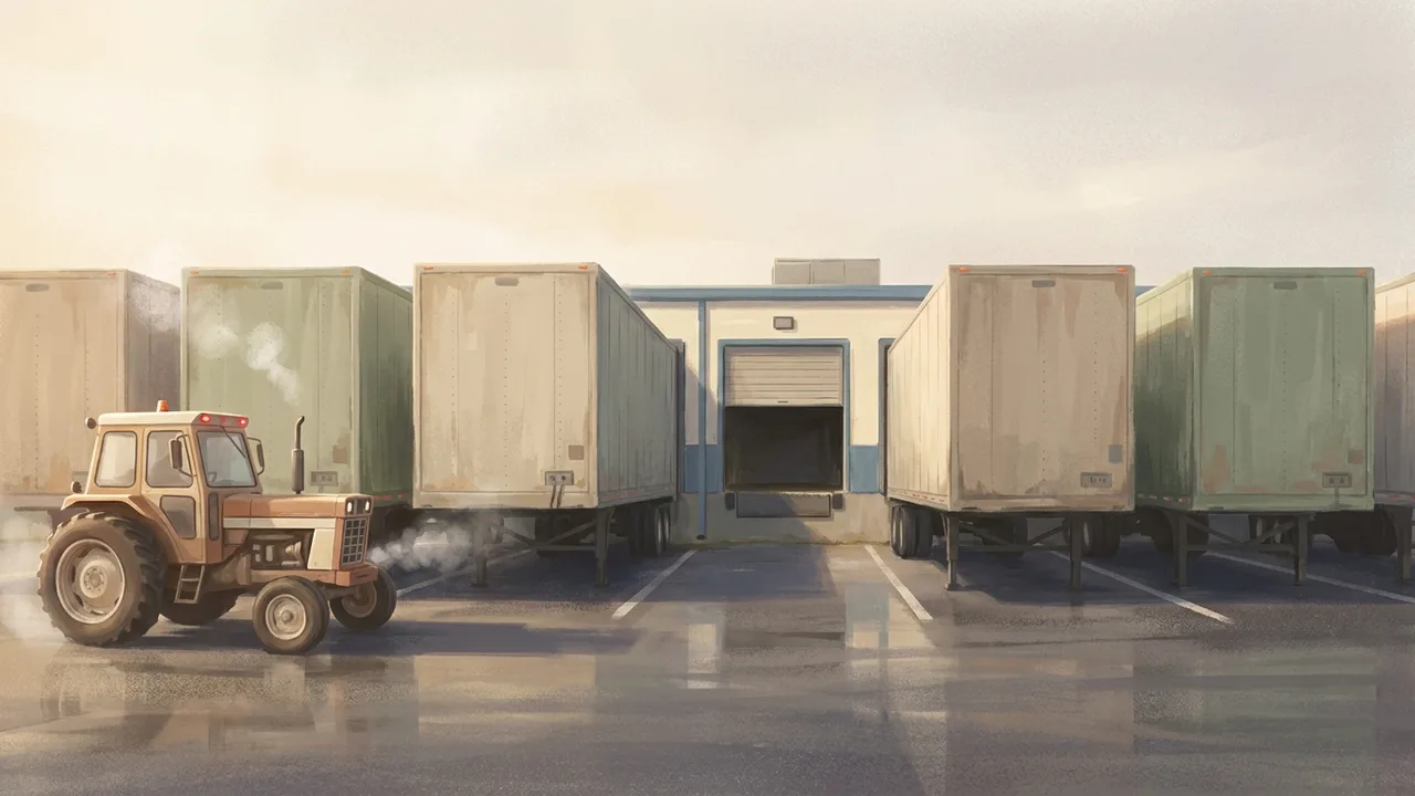 Ilustración de trailers acomodados en las puertas de andén de una terminal de carga al amanecer, con una puerta abierta