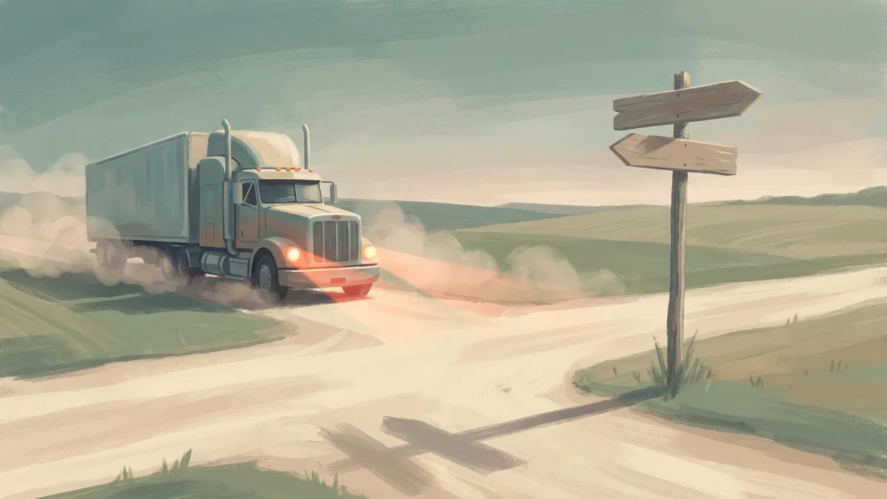 Ilustración de un camión detenido en un cruce de caminos al atardecer, bajo un poste de señales con las flechas en blanco