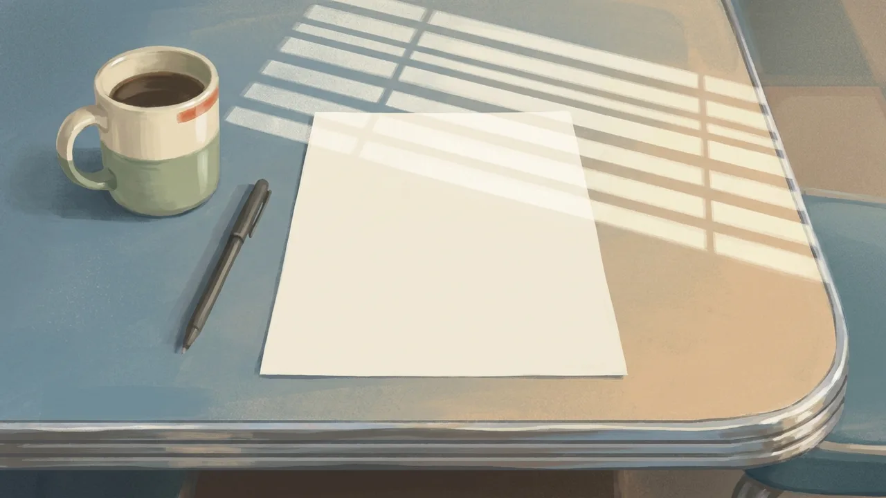 Ilustración de una hoja de papel sobre la mesa de un restaurante junto a una taza de café con la luz clara de la mañana