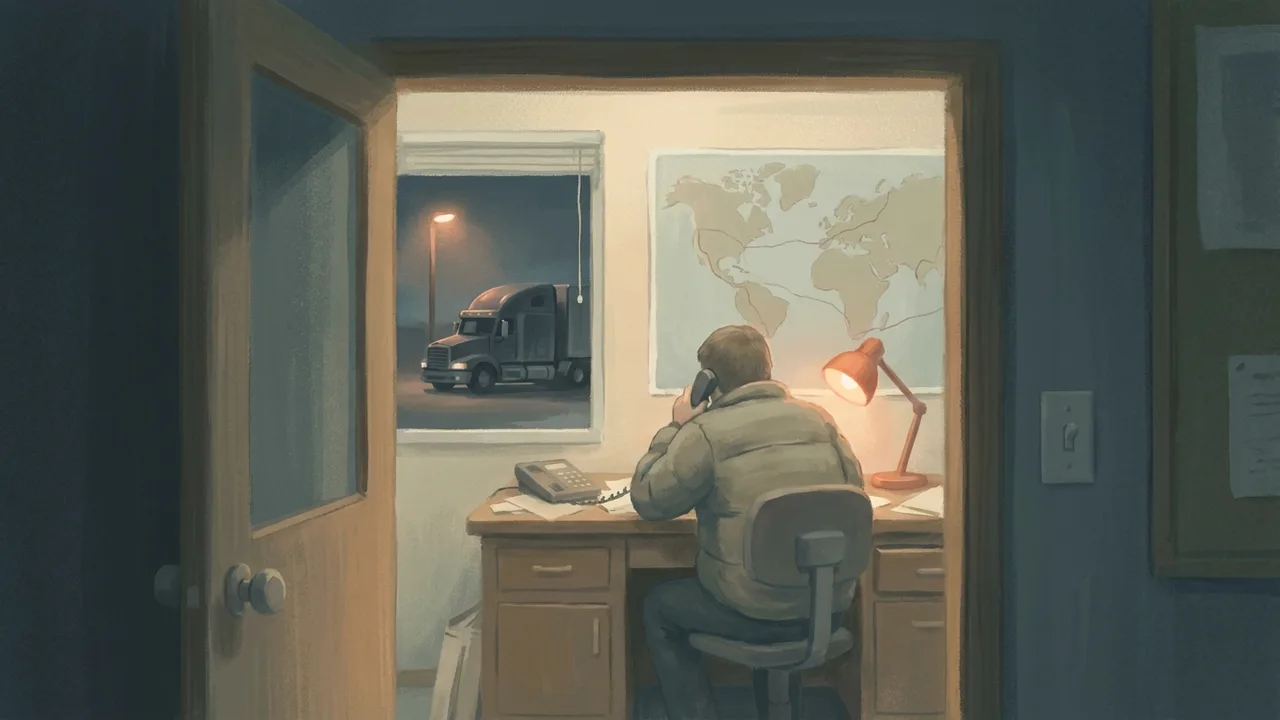 Ilustración de una persona de espaldas en un escritorio con una lámpara encendida y un mapa en la pared, con un camión visible por la ventana