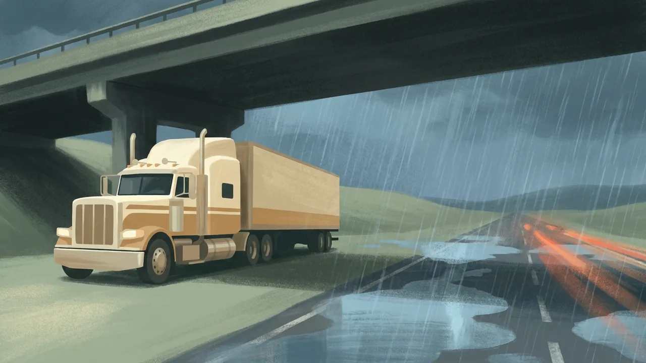 Ilustración de un camión resguardado y seco bajo un puente de carretera mientras la lluvia cruza el camino abierto al fondo