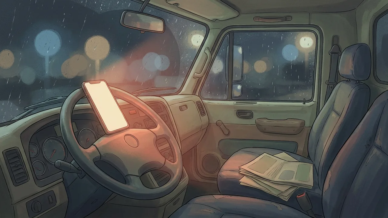 Ilustración de un teléfono apoyado en el volante de noche, con su luz iluminando el tablero y unos papeles doblados
