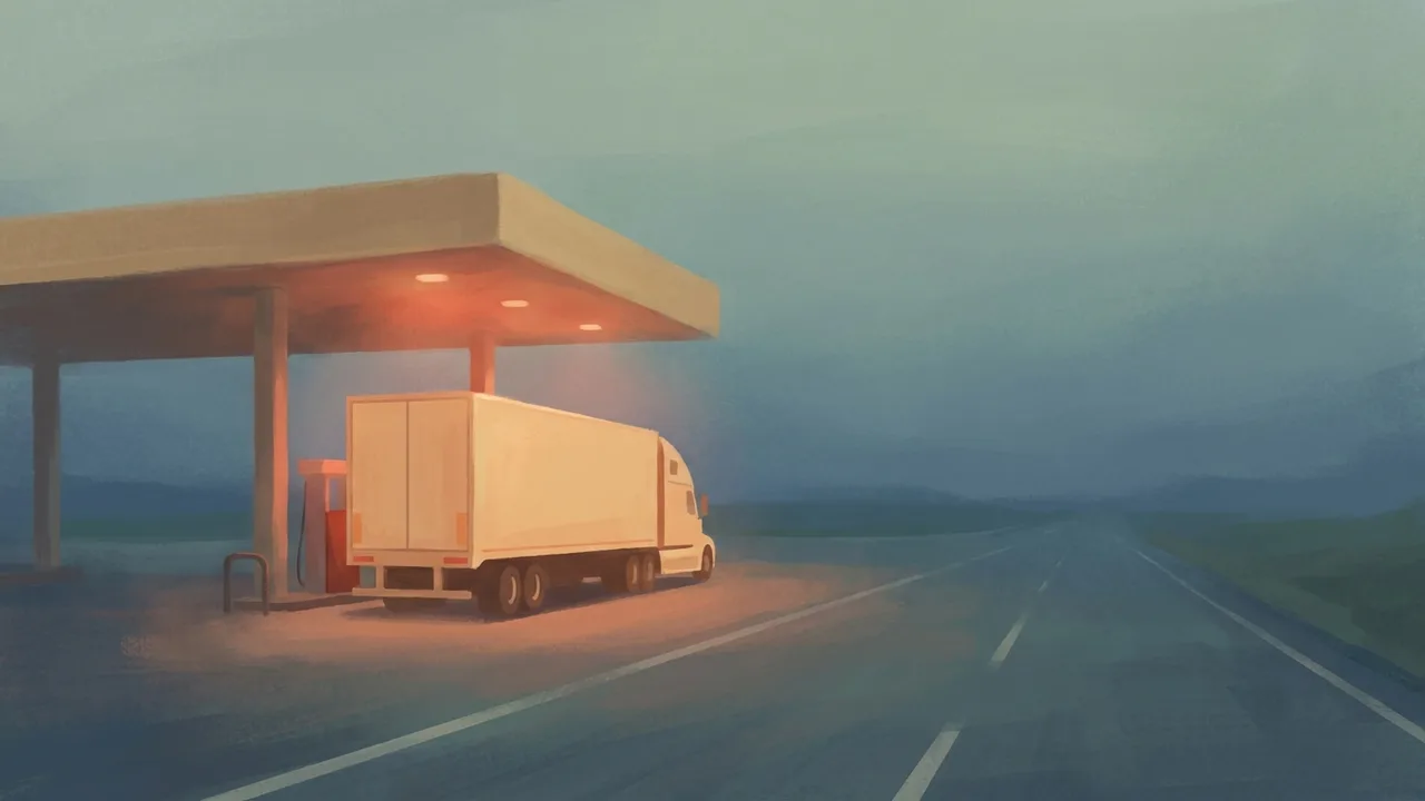 Ilustración de un camión cargando diesel bajo el techo iluminado de una parada de camiones al anochecer