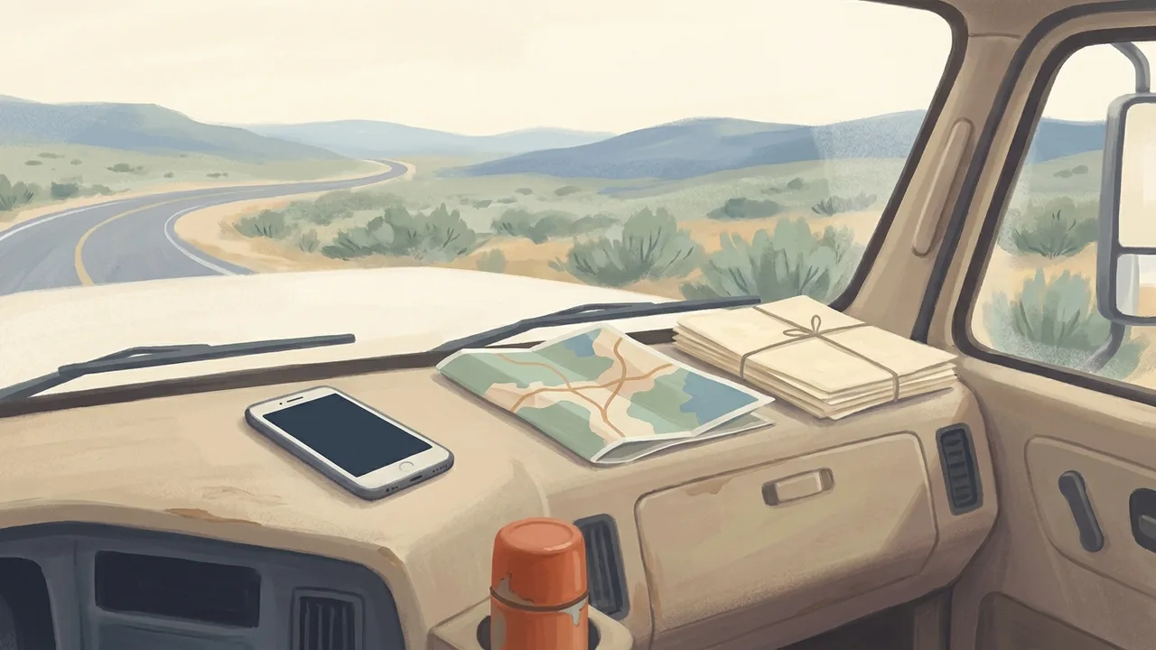 Ilustración de un teléfono en el tablero de un camión junto a un mapa de papel doblado y documentos
