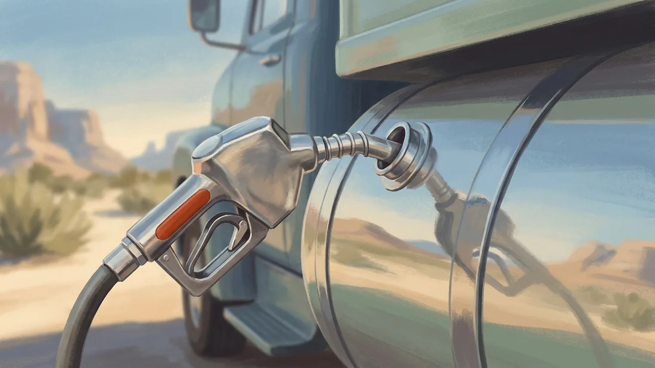 Ilustración de una pistola de combustible metida en la boca del tanque pulido de un camión