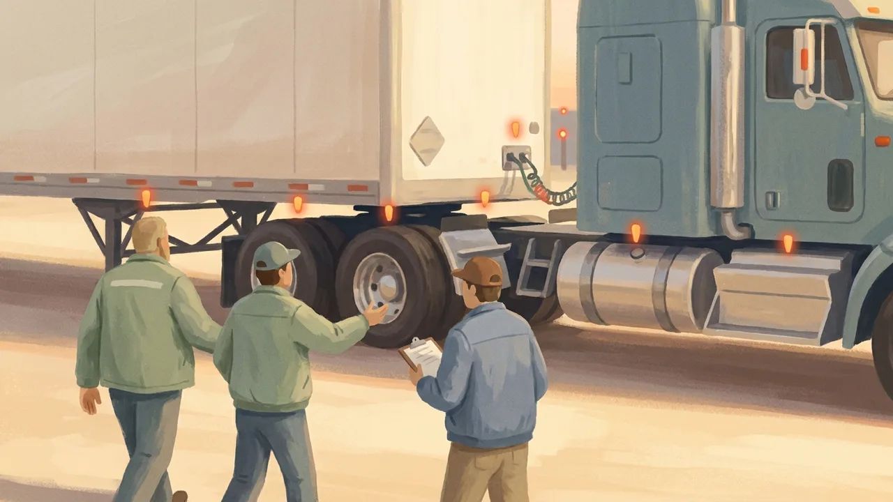 Ilustración de dos personas caminando alrededor de un tractor con traila estacionado en un patio a la hora dorada