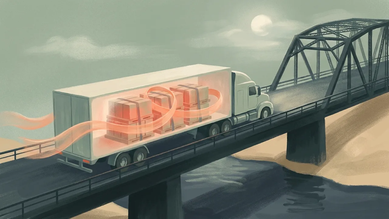 Ilustración de una traila cargada cruzando un puente de acero de noche con un listón de luz enrollado en la carga