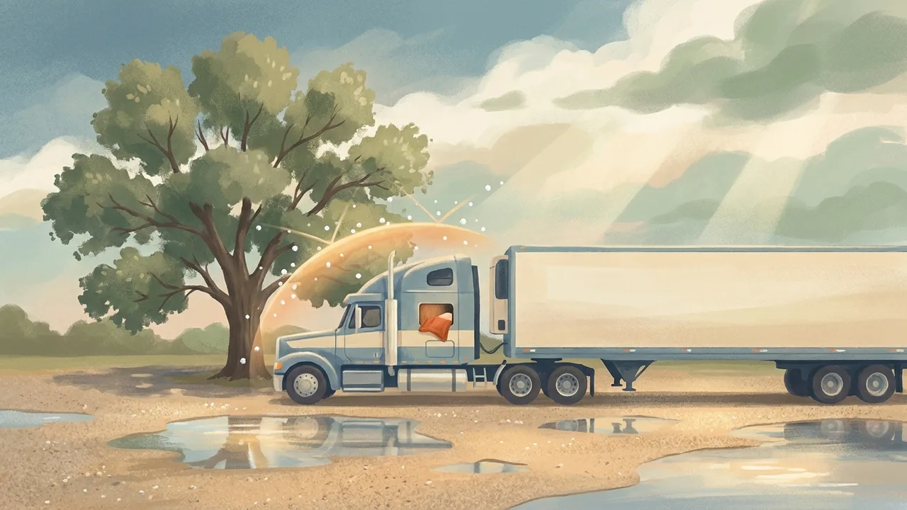 Ilustración de un tractor con traila estacionado bajo un árbol mientras el granizo resbala sobre un escudo curvo encima de la cabina