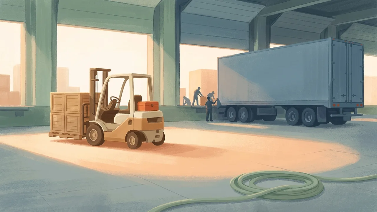 Ilustración de un andén de carga con un montacargas, cajas apiladas y una traila metida en la bahía