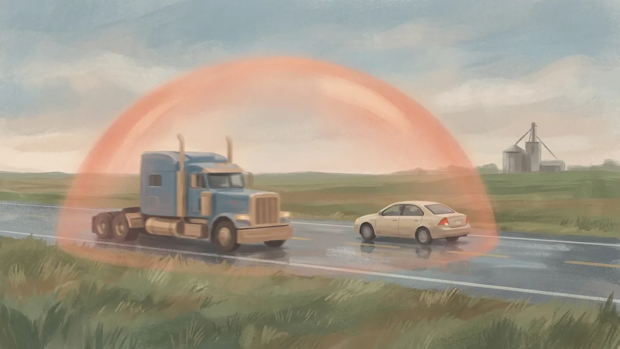 Ilustración de un camión y un auto cruzándose en una carretera mojada al amanecer bajo una cúpula de luz cálida
